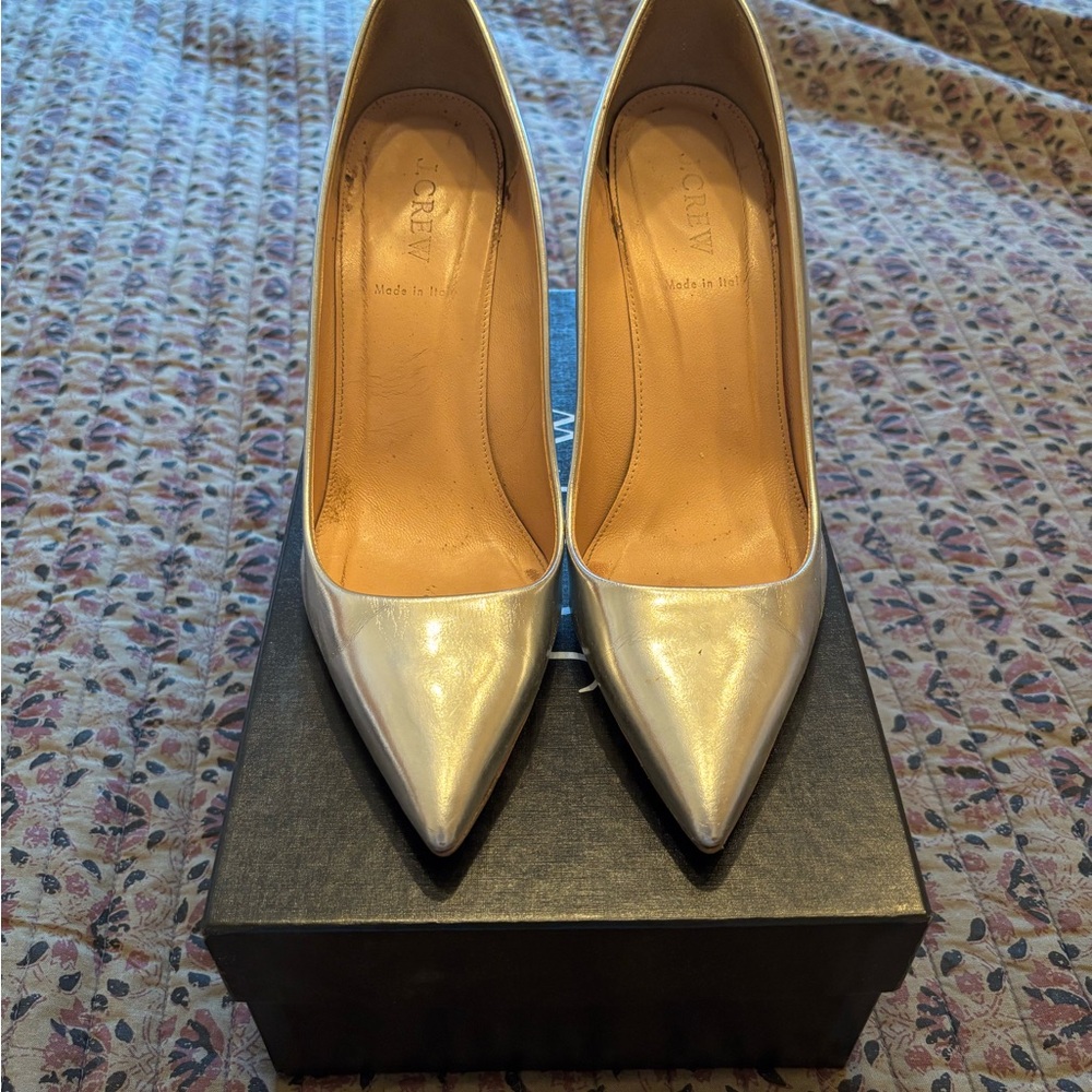 J. Crew Italian Leather Silver Pointed-Toe Pumps